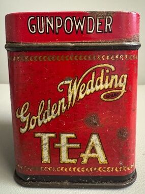 Vintage 1930-1940 Golden Wedding Brand GunpowderTea Advertising Tea Tin